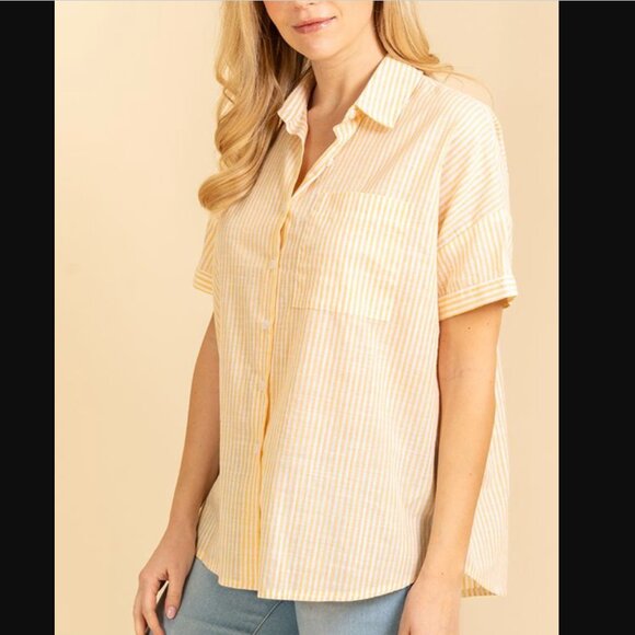 Yellow & Ivory Short Sleeve Stripes Collard Top - Picture 4 of 4